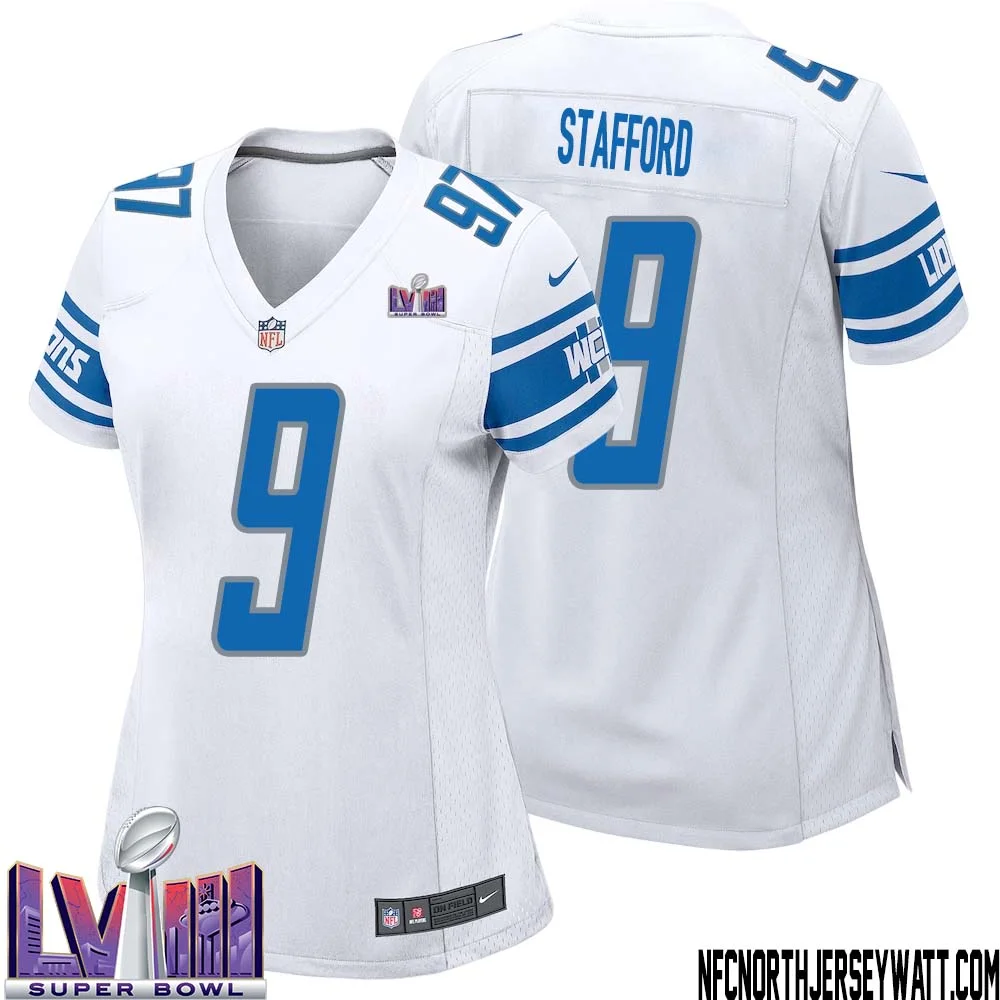 Matthew Stafford No 9 Women White Detroit Lions Player Super Bowl LVIII Away Game Jersey 1
