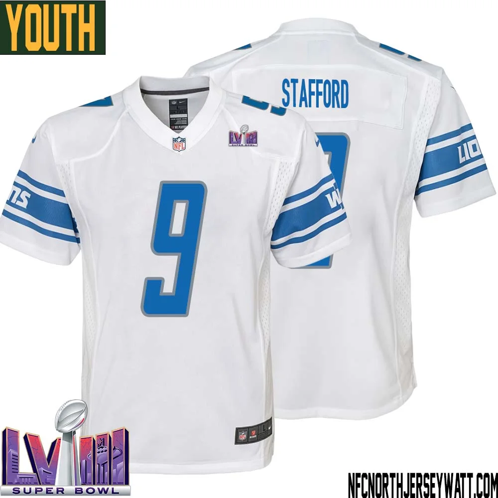 Matthew Stafford No 9 Youth White Detroit Lions Player Super Bowl LVIII Away Game Jersey 1