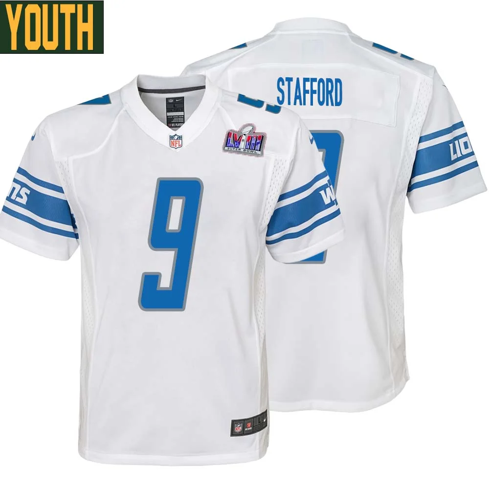 Matthew Stafford No 9 Youths Custom White Detroit Lions Super Bowl LVIII Away Game Jersey