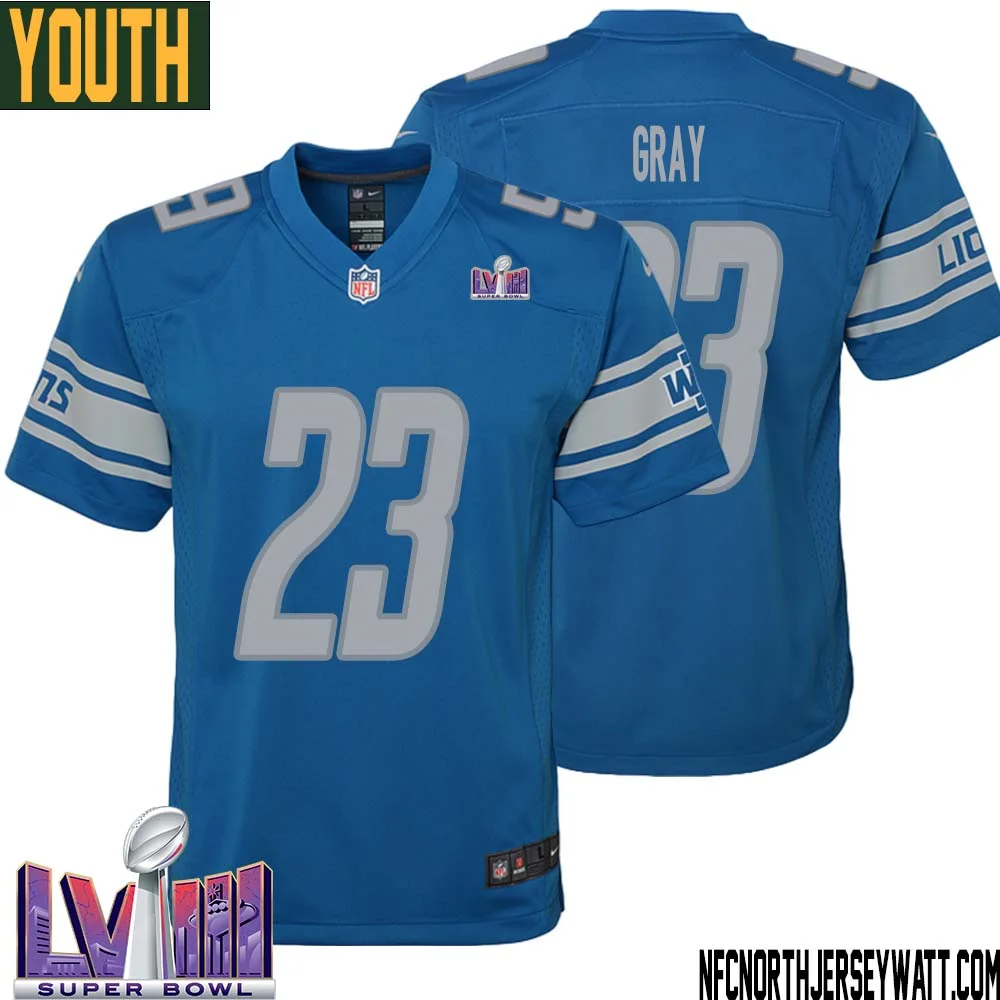 Mel Gray No 23 Youth Blue Detroit Lions Player Super Bowl LVIII Home Game Jersey 1