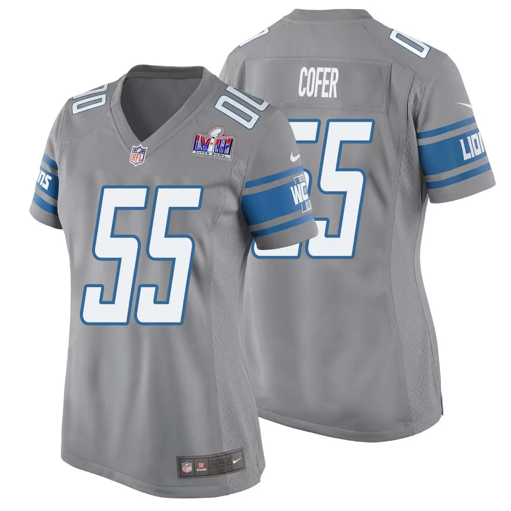 Mike Cofer No 55 Womens Custom Gray Detroit Lions Alternate Super Bowl LVIII Game Jersey