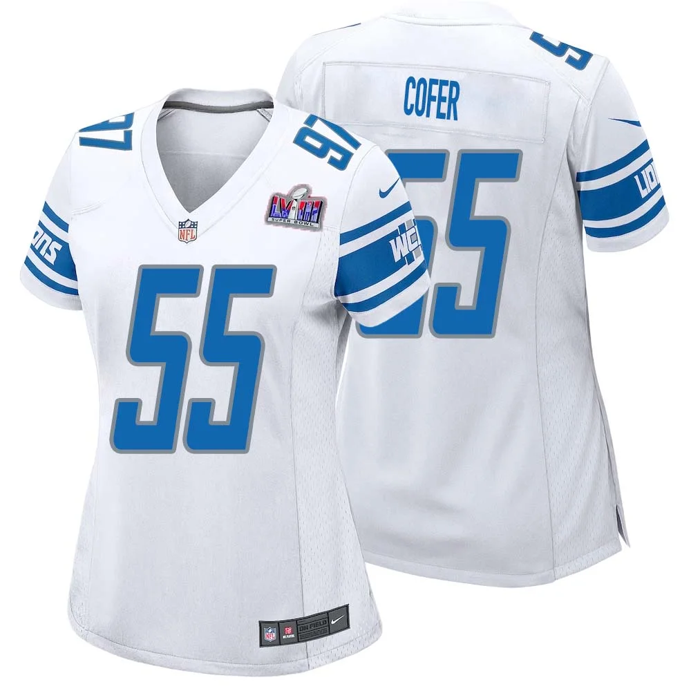Mike Cofer No 55 Womens Custom White Detroit Lions Super Bowl LVIII Away Game Jersey