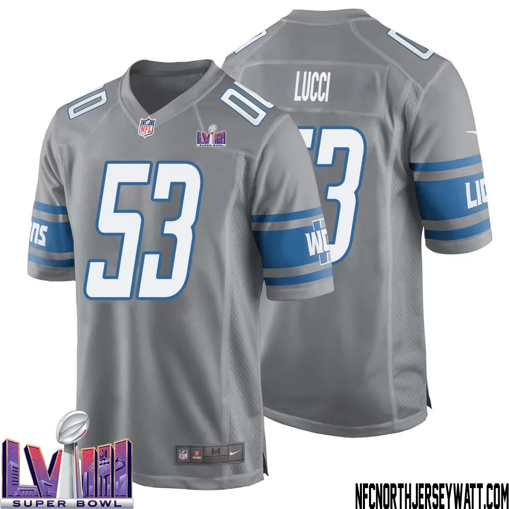 Mike Lucci No 53 Men Grey Detroit Lions Player Super Bowl LVIII Alternate Game Jersey 1