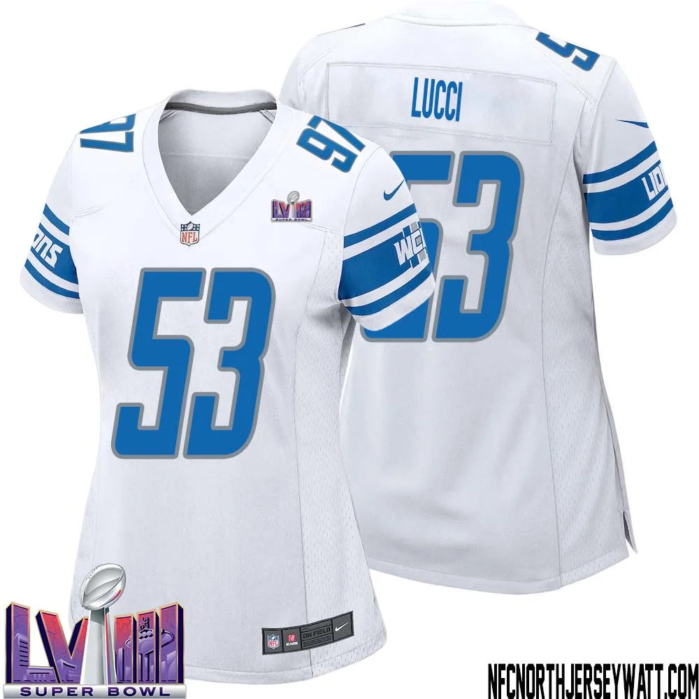 Mike Lucci No 53 Women White Detroit Lions Player Super Bowl LVIII Away Game Jersey