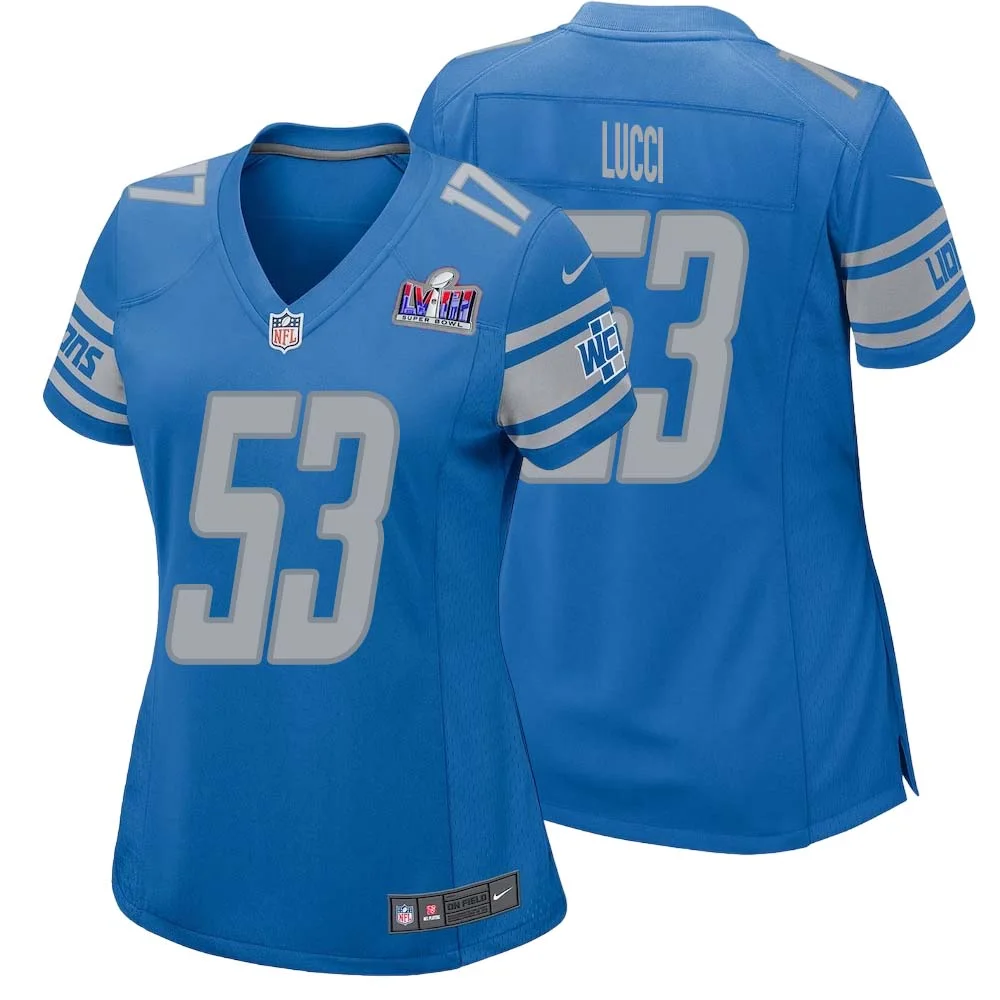 Mike Lucci No 53 Womens Custom Blue Detroit Lions Super Bowl LVIII Player Home Game Jersey