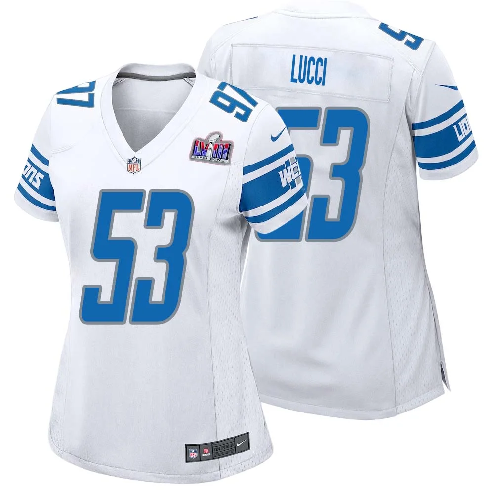 Mike Lucci No 53 Womens Custom White Detroit Lions Super Bowl LVIII Away Game Jersey