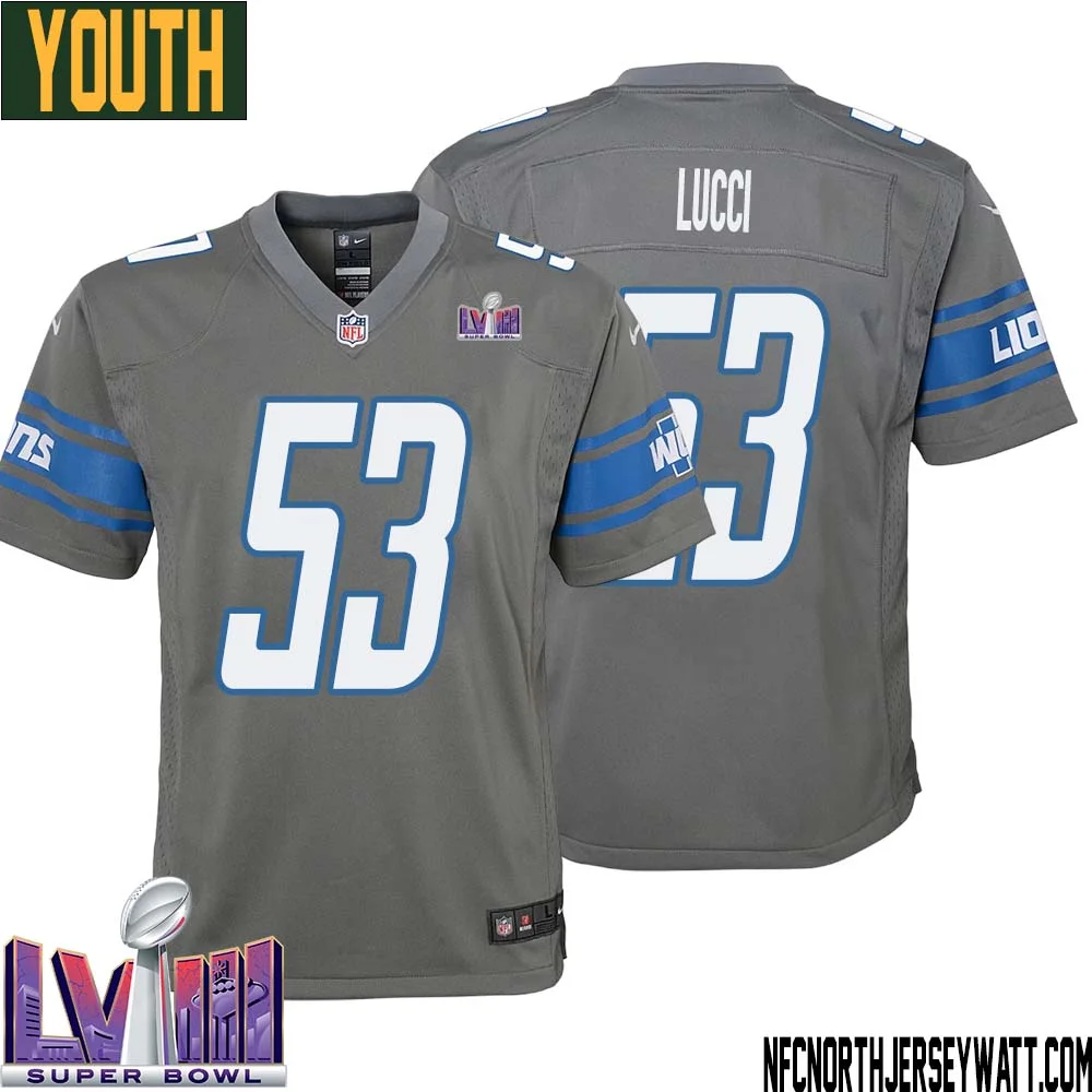 Mike Lucci No 53 Youth Grey Detroit Lions Player Super Bowl LVIII Alternate Game Jersey 1