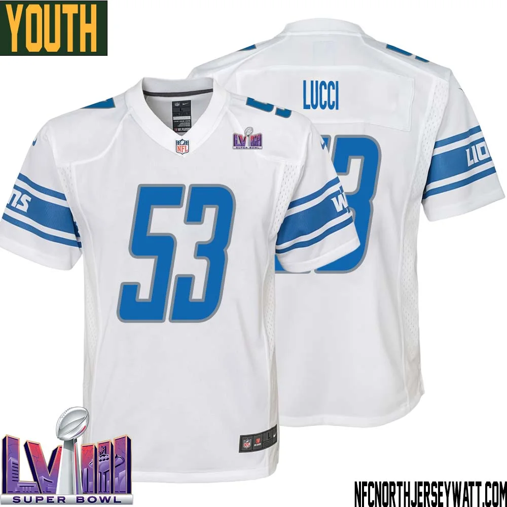 Mike Lucci No 53 Youth White Detroit Lions Player Super Bowl LVIII Away Game Jersey