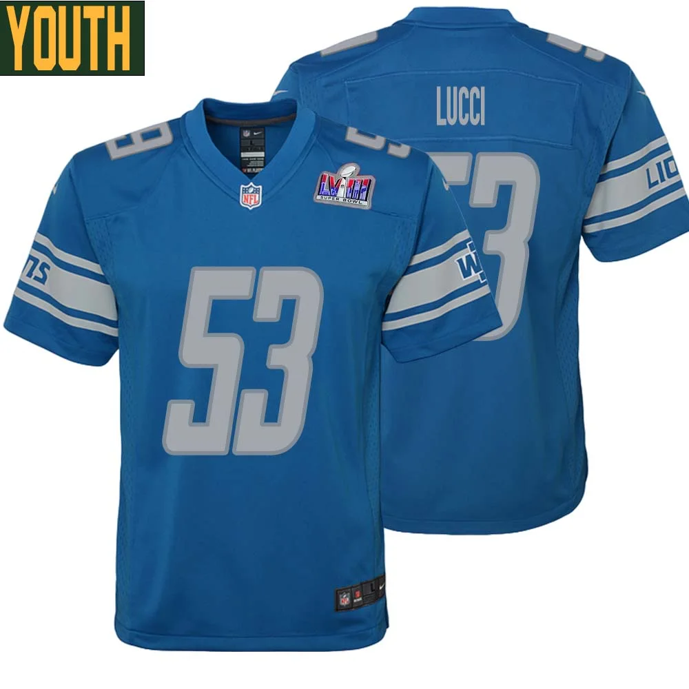 Mike Lucci No 53 Youths Custom Blue Detroit Lions Super Bowl LVIII Player Home Game Jersey