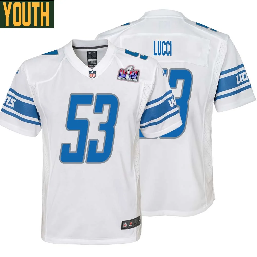 Mike Lucci No 53 Youths Custom White Detroit Lions Super Bowl LVIII Away Game Jersey