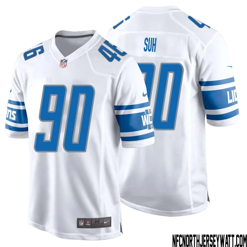 Ndamukong Suh No 90 Men White Detroit Lions Player Away Game Jersey 1