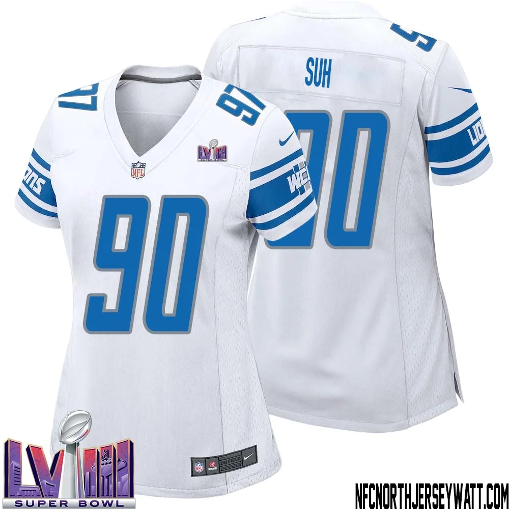 Ndamukong Suh No 90 Women White Detroit Lions Player Super Bowl LVIII Away Game Jersey 1