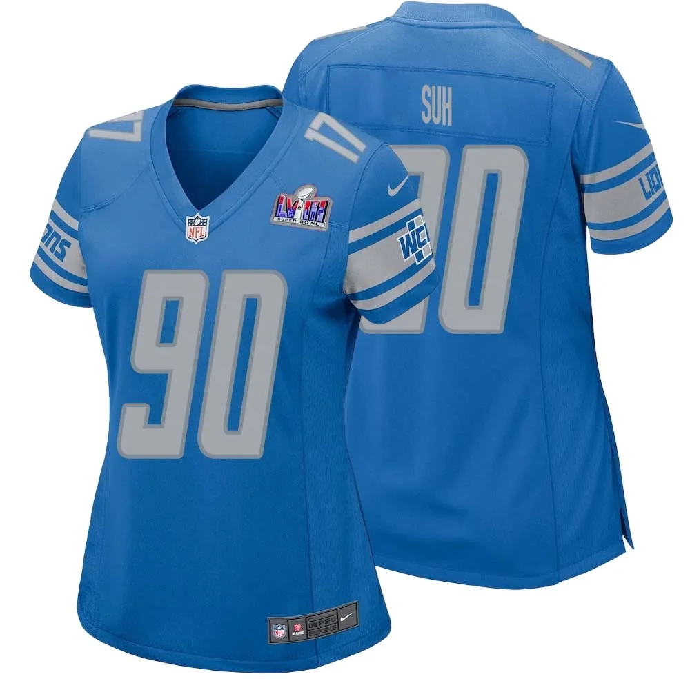 Ndamukong Suh No 90 Womens Custom Blue Detroit Lions Super Bowl LVIII Player Home Game Jersey