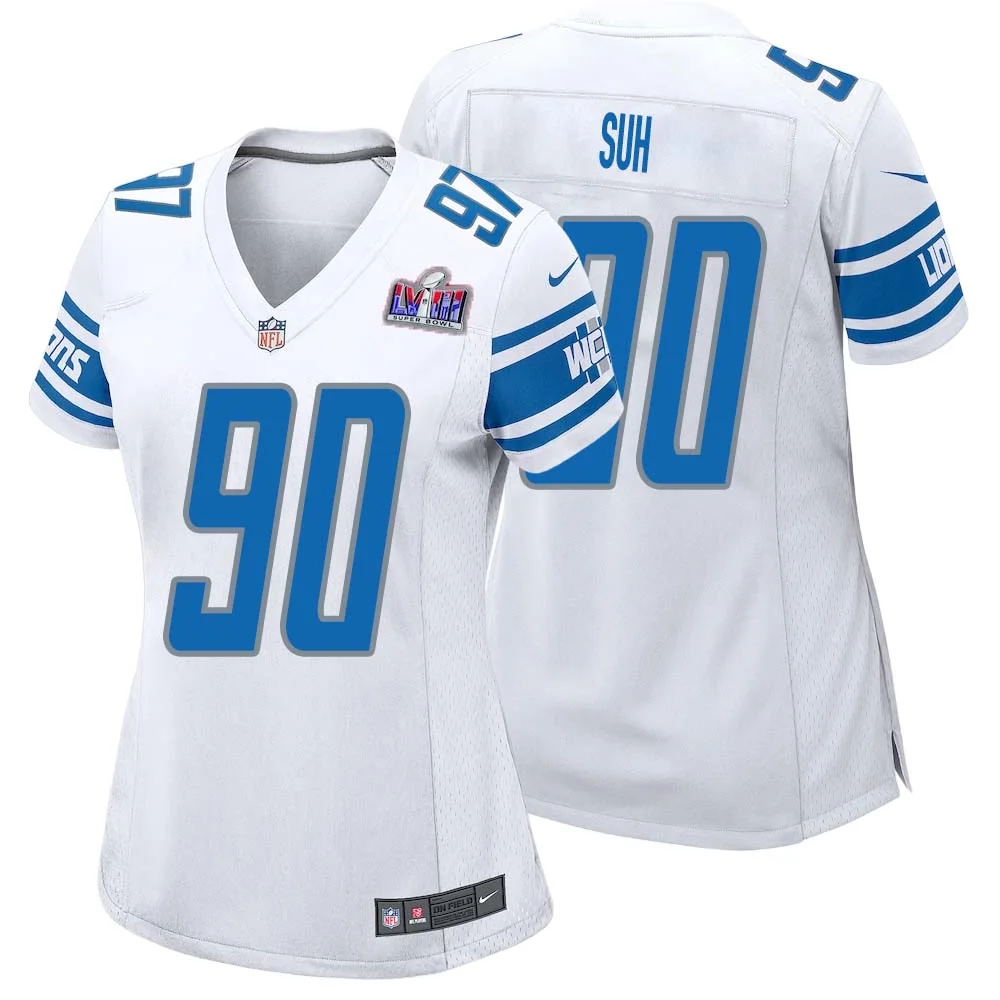 Ndamukong Suh No 90 Womens Custom White Detroit Lions Super Bowl LVIII Away Game Jersey