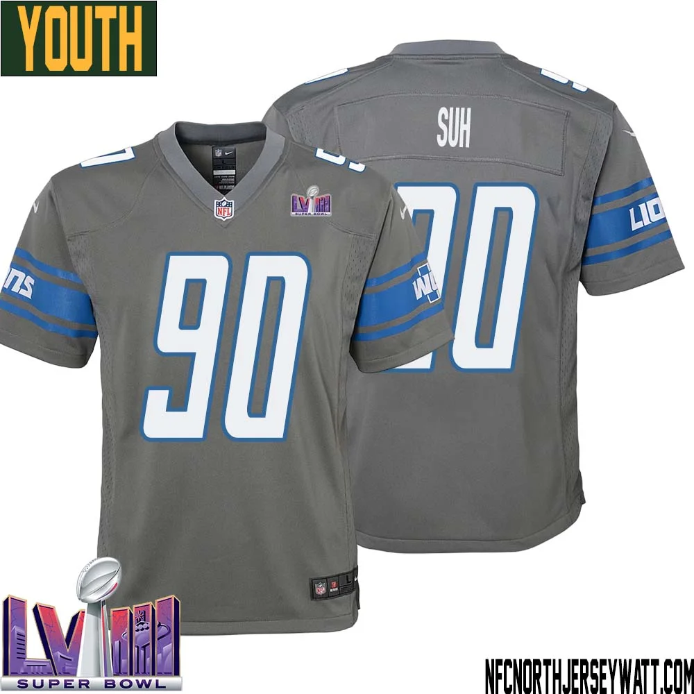 Ndamukong Suh No 90 Youth Grey Detroit Lions Player Super Bowl LVIII Alternate Game Jersey 1