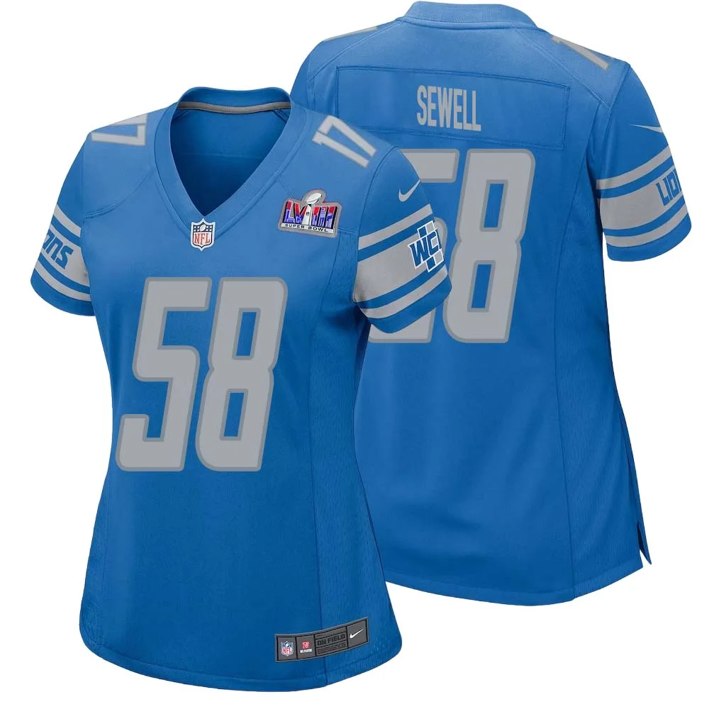 Penei Sewell No 58 Womens Custom Blue Detroit Lions Super Bowl LVIII Player Home Game Jersey