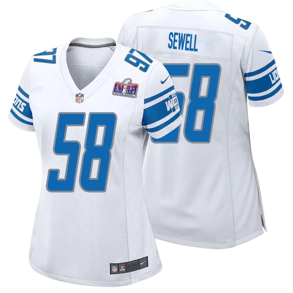 Penei Sewell No 58 Womens Custom White Detroit Lions Super Bowl LVIII Away Game Jersey