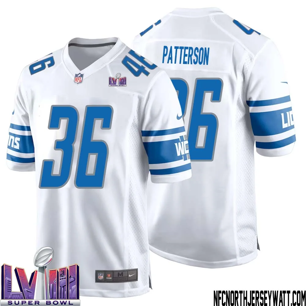 Riley Patterson No 36 Men White Detroit Lions Player Super Bowl LVIII Away Game Jersey 1