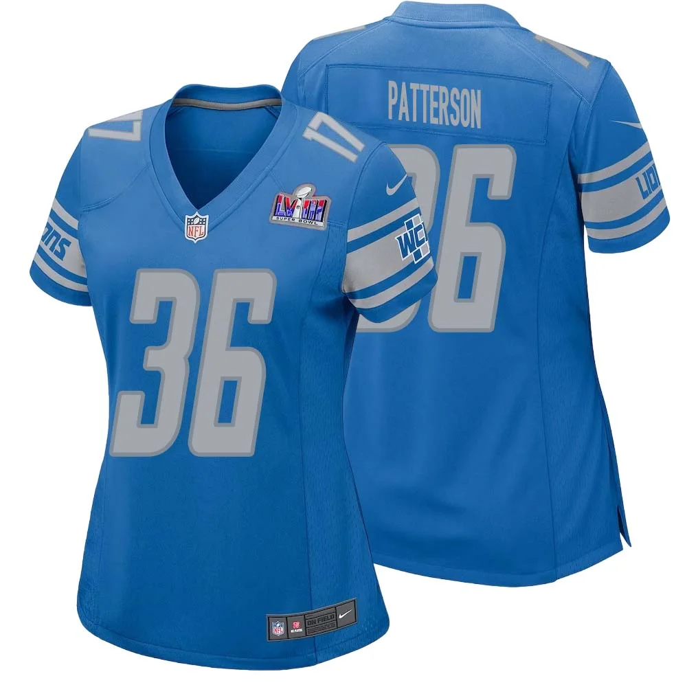 Riley Patterson No 36 Womens Custom Blue Detroit Lions Super Bowl LVIII Player Home Game Jersey