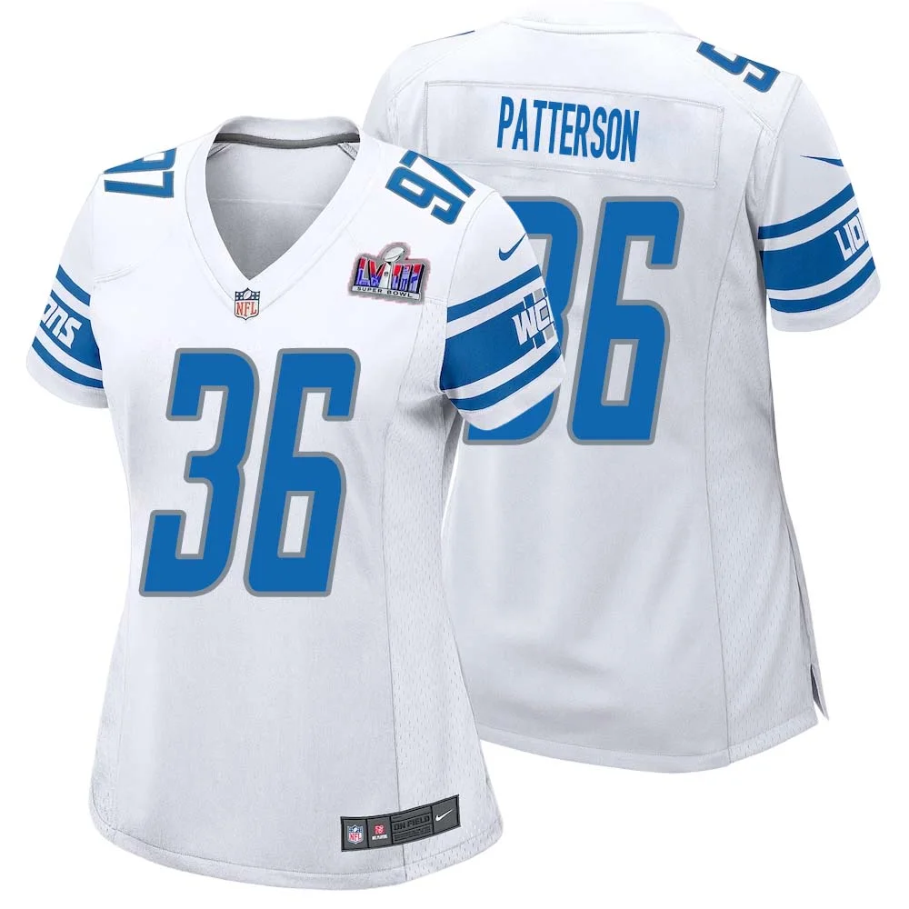 Riley Patterson No 36 Womens Custom White Detroit Lions Super Bowl LVIII Away Game Jersey