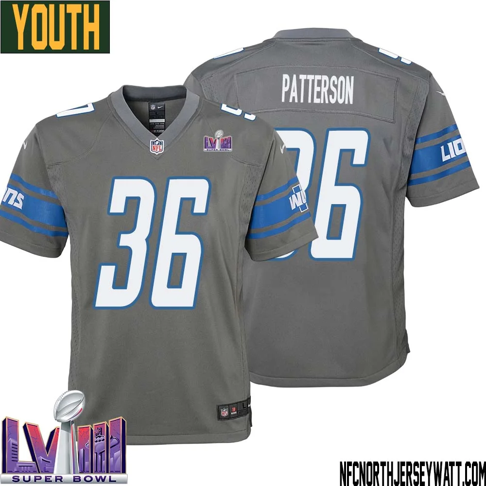 Riley Patterson No 36 Youth Grey Detroit Lions Player Super Bowl LVIII Alternate Game Jersey 1