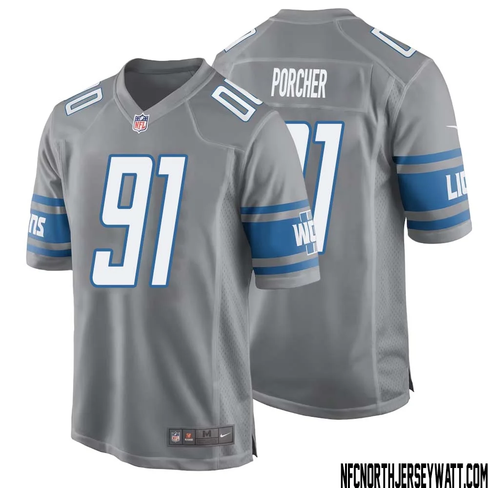 Robert Porcher No 91 Men Gray Detroit Lions Player Alternate Game Jersey 1