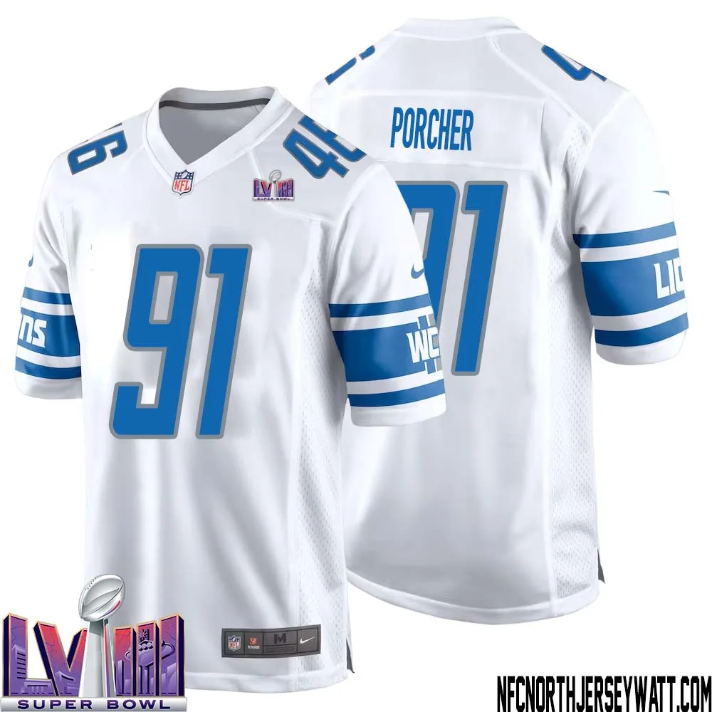 Robert Porcher No 91 Men White Detroit Lions Player Super Bowl LVIII Away Game Jersey 1