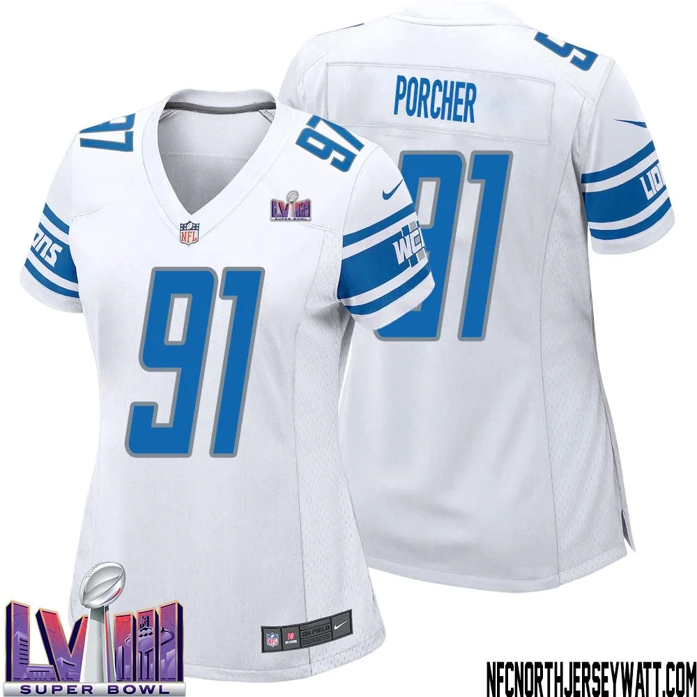 Robert Porcher No 91 Women White Detroit Lions Player Super Bowl LVIII Away Game Jersey
