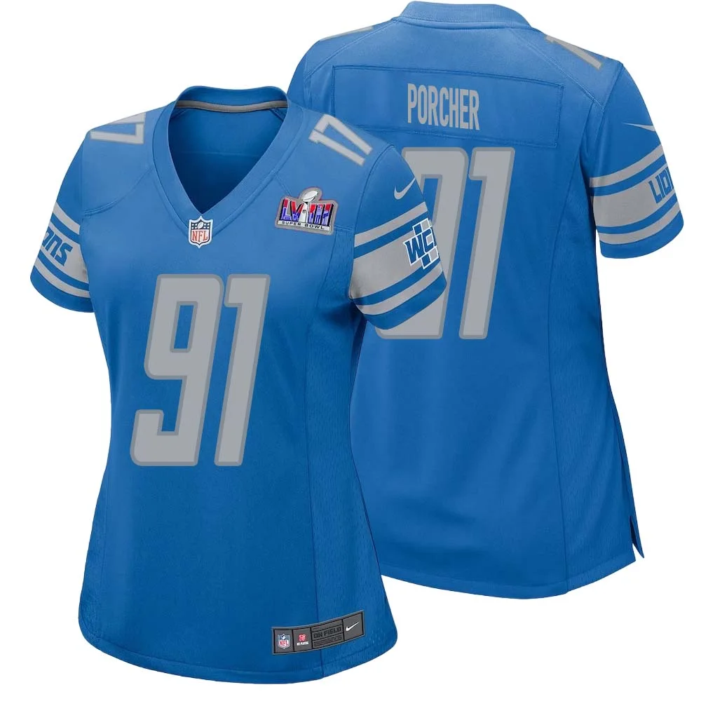 Robert Porcher No 91 Womens Custom Blue Detroit Lions Super Bowl LVIII Player Home Game Jersey