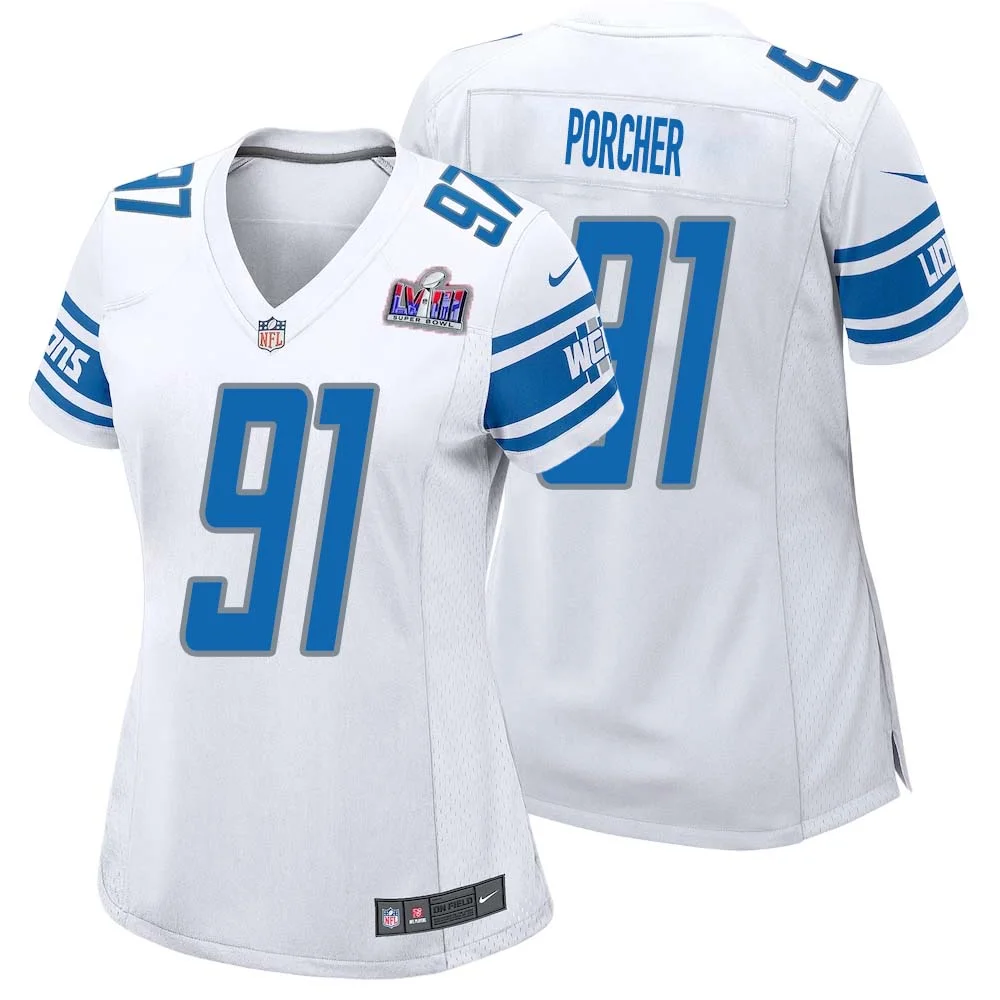 Robert Porcher No 91 Womens Custom White Detroit Lions Super Bowl LVIII Away Game Jersey