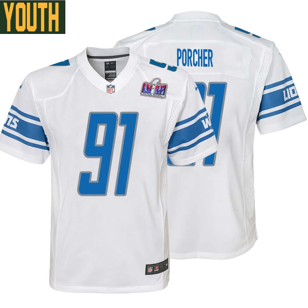 Robert Porcher No 91 Youths Custom White Detroit Lions Super Bowl LVIII Away Game Jersey