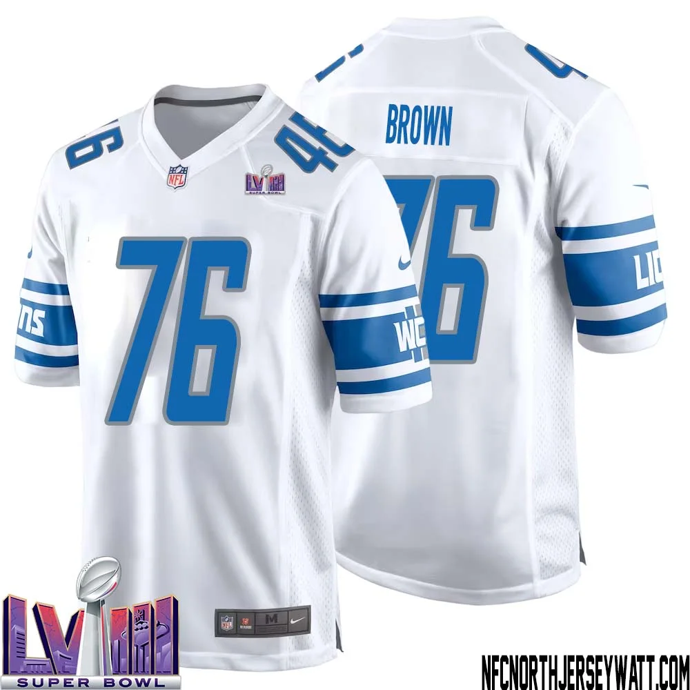 Roger Brown No 76 Men White Detroit Lions Player Super Bowl LVIII Away Game Jersey