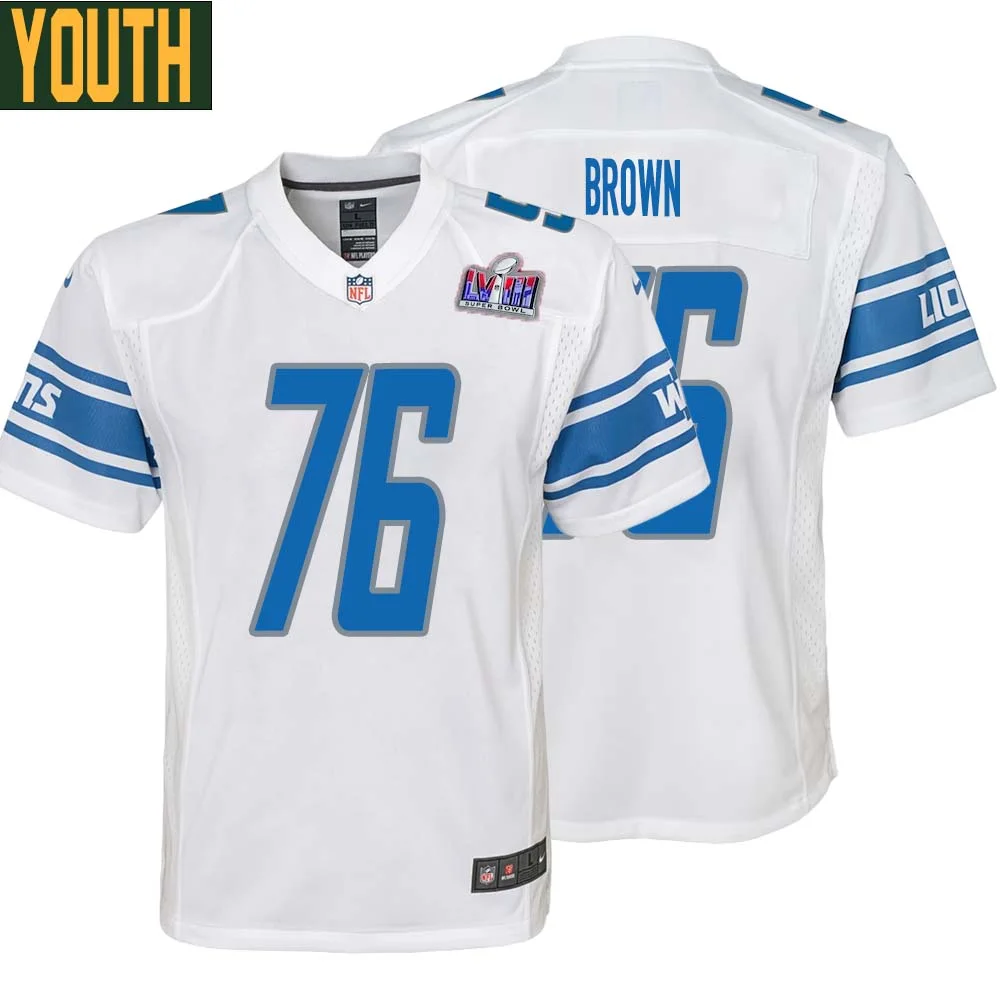 Roger Brown No 76 Youths Custom White Detroit Lions Super Bowl LVIII Away Game Jersey
