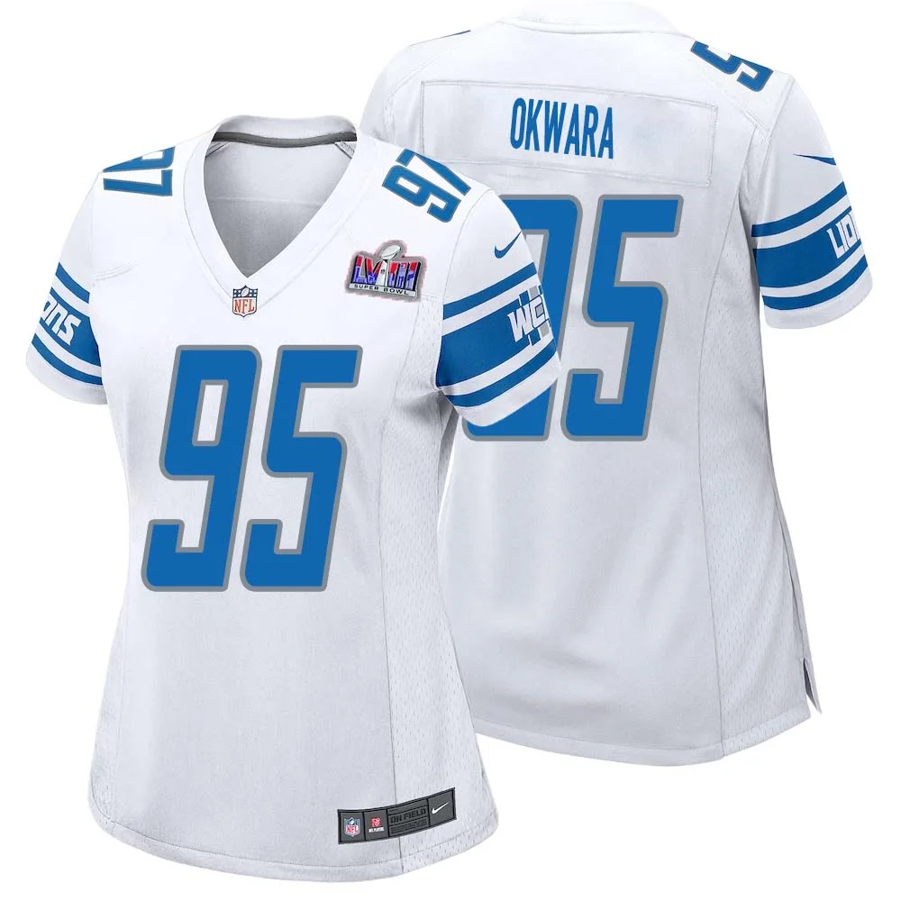 Romeo Okwara No 95 Womens Custom White Detroit Lions Super Bowl LVIII Away Game Jersey