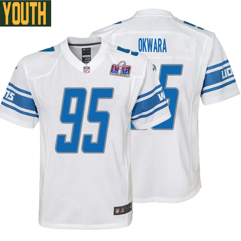 Romeo Okwara No 95 Youths Custom White Detroit Lions Super Bowl LVIII Away Game Jersey
