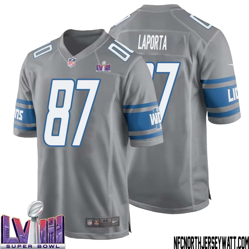Sam LaPorta No 87 Men Grey Detroit Lions Player Super Bowl LVIII Alternate Game Jersey