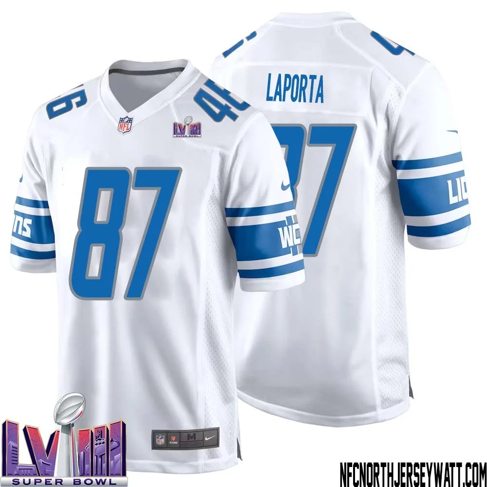 Sam LaPorta No 87 Men White Detroit Lions Player Super Bowl LVIII Away Game Jersey