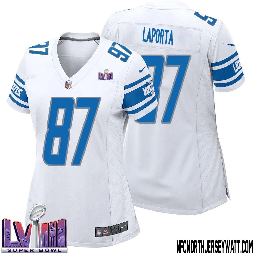 Sam LaPorta No 87 Women White Detroit Lions Player Super Bowl LVIII Away Game Jersey 1
