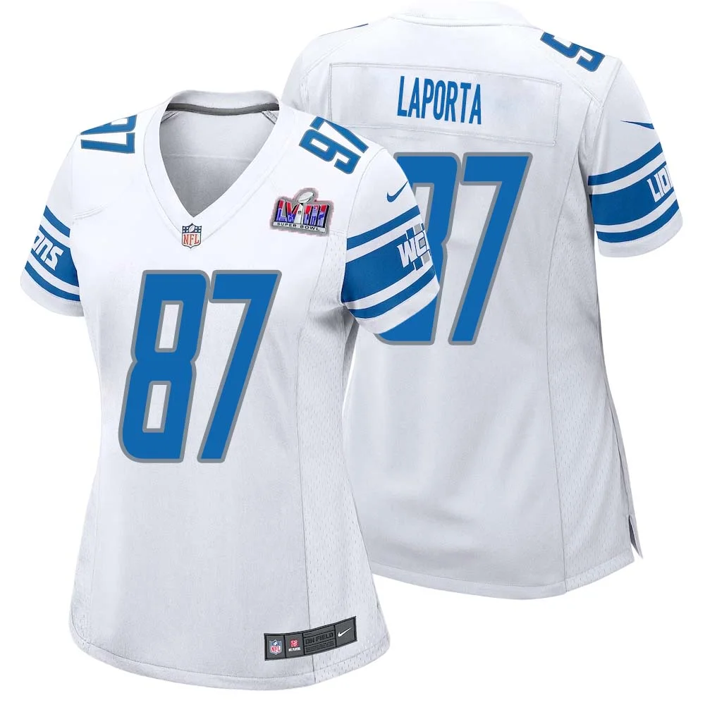 Sam LaPorta No 87 Womens Custom White Detroit Lions Super Bowl LVIII Away Game Jersey
