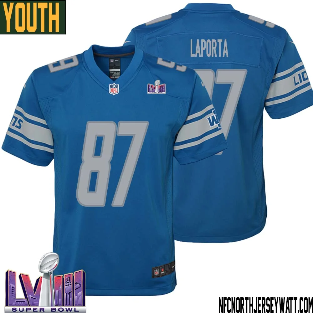 Sam LaPorta No 87 Youth Blue Detroit Lions Player Super Bowl LVIII Home Game Jersey