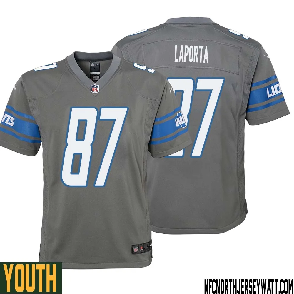 Sam LaPorta No 87 Youth Gray Detroit Lions Player Alternate Game Jersey 1