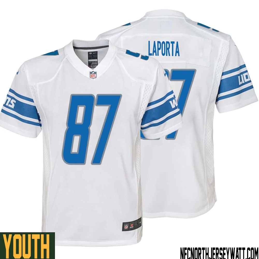 Sam LaPorta No 87 Youth White Detroit Lions Player Away Game Jersey 1