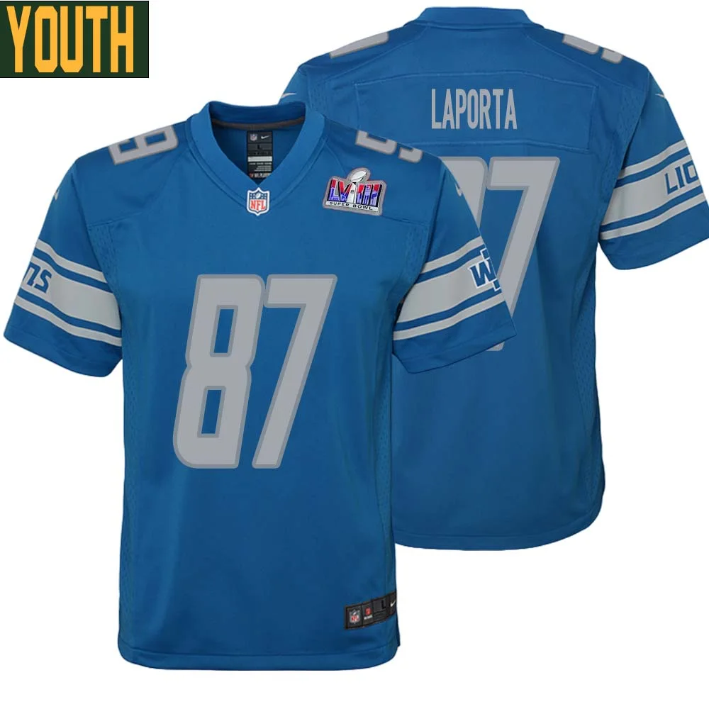 Sam LaPorta No 87 Youths Custom Blue Detroit Lions Super Bowl LVIII Player Home Game Jersey
