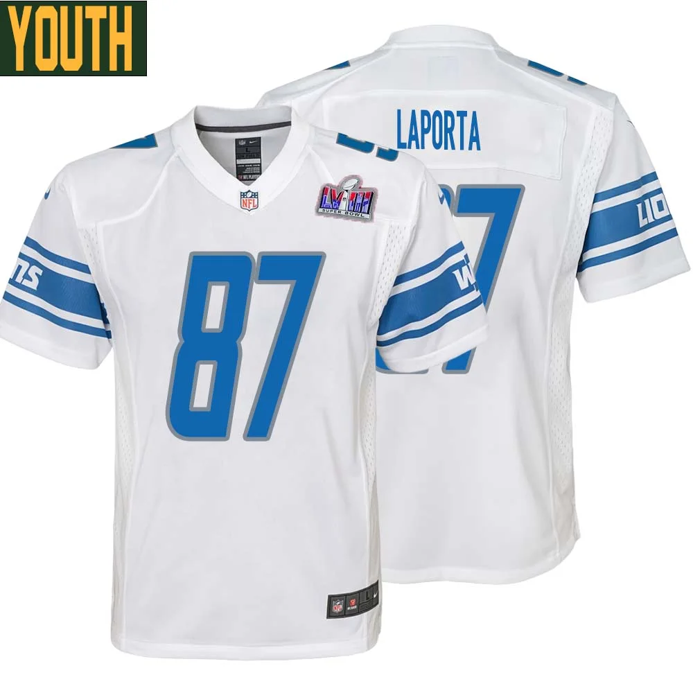 Sam LaPorta No 87 Youths Custom White Detroit Lions Super Bowl LVIII Away Game Jersey