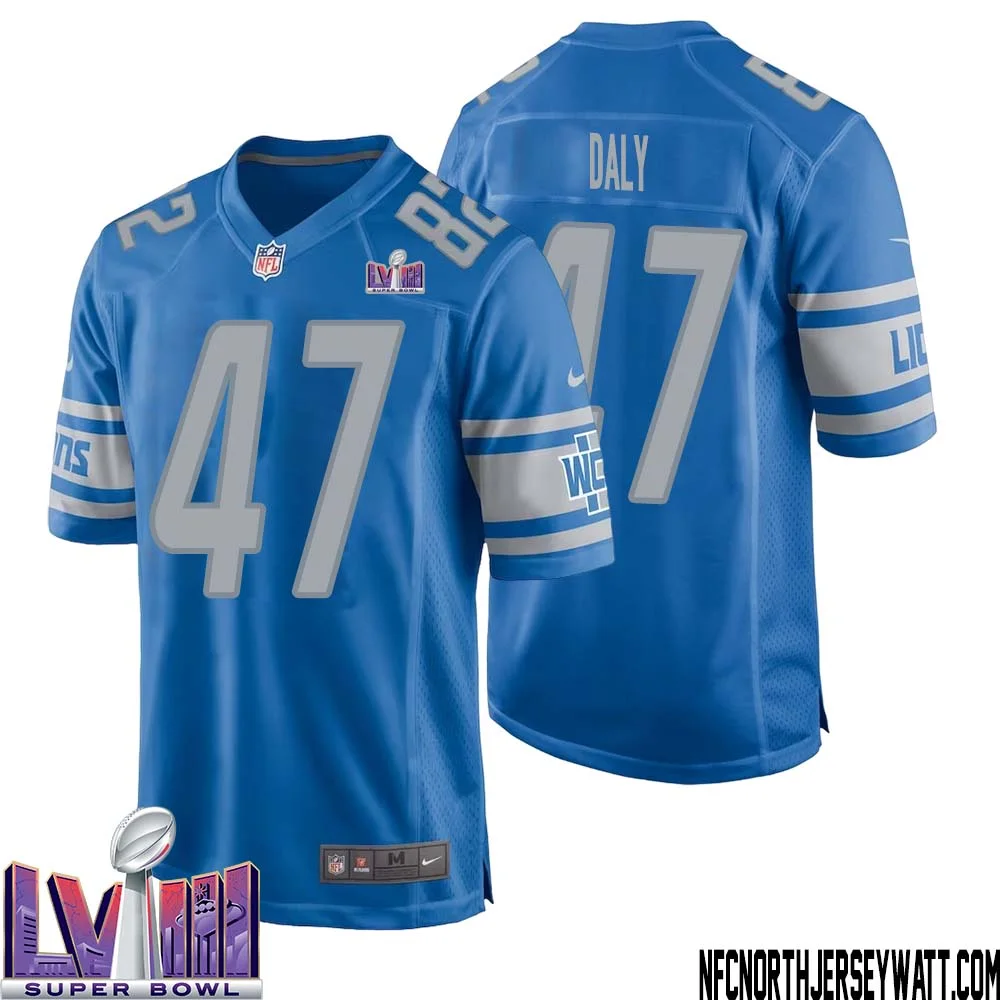 Scott Daly No 47 Men Blue Detroit Lions Player Super Bowl LVIII Home Game Jersey 1