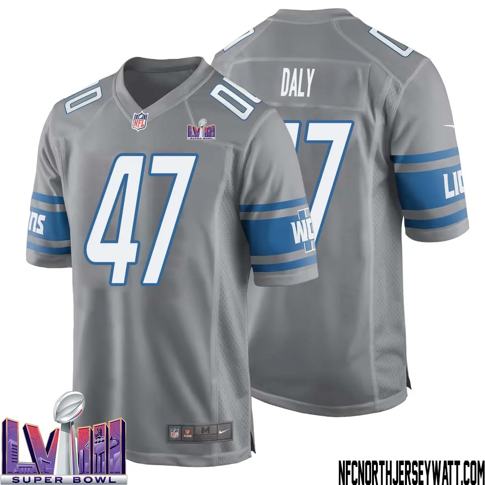 Scott Daly No 47 Men Grey Detroit Lions Player Super Bowl LVIII Alternate Game Jersey
