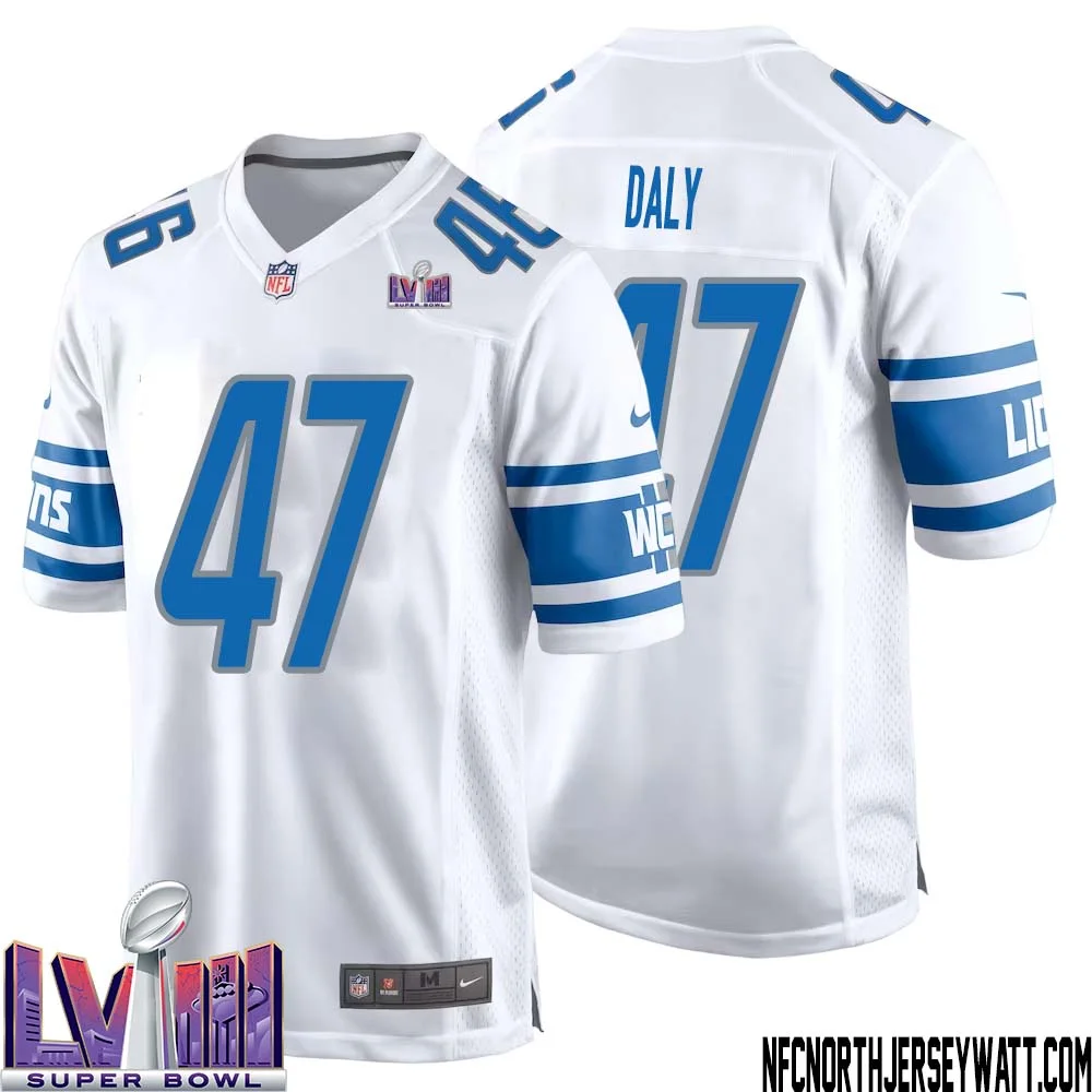 Scott Daly No 47 Men White Detroit Lions Player Super Bowl LVIII Away Game Jersey 1