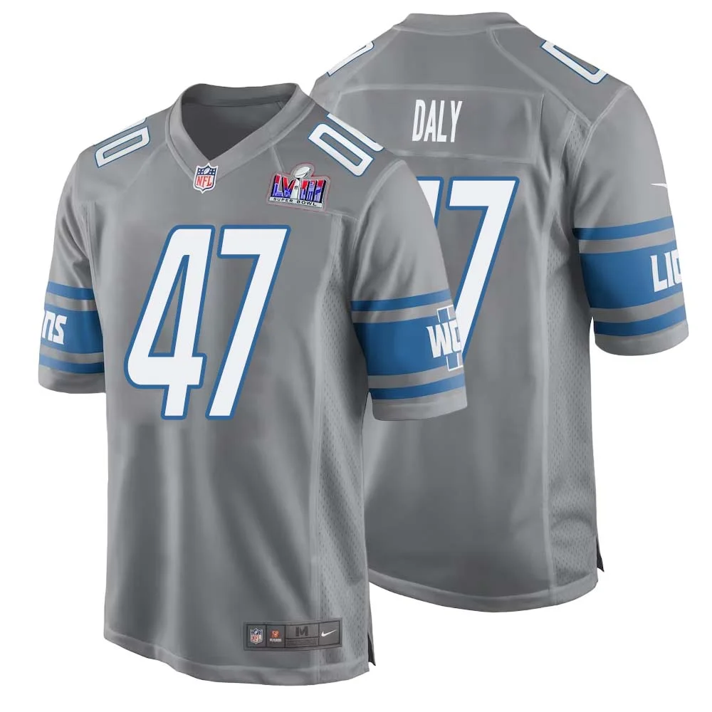 Scott Daly No 47 Mens Custom Gray Detroit Lions Alternate Super Bowl LVIII Game Jersey