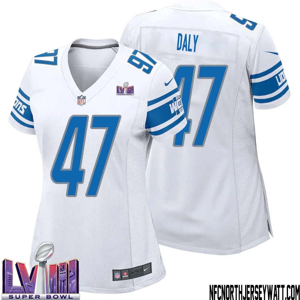 Scott Daly No 47 Women White Detroit Lions Player Super Bowl LVIII Away Game Jersey 1
