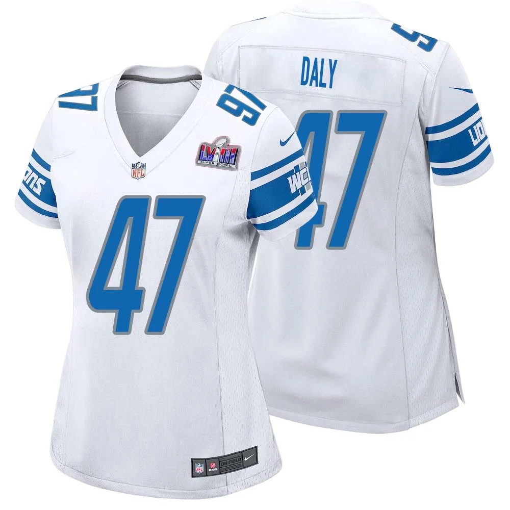 Scott Daly No 47 Womens Custom White Detroit Lions Super Bowl LVIII Away Game Jersey